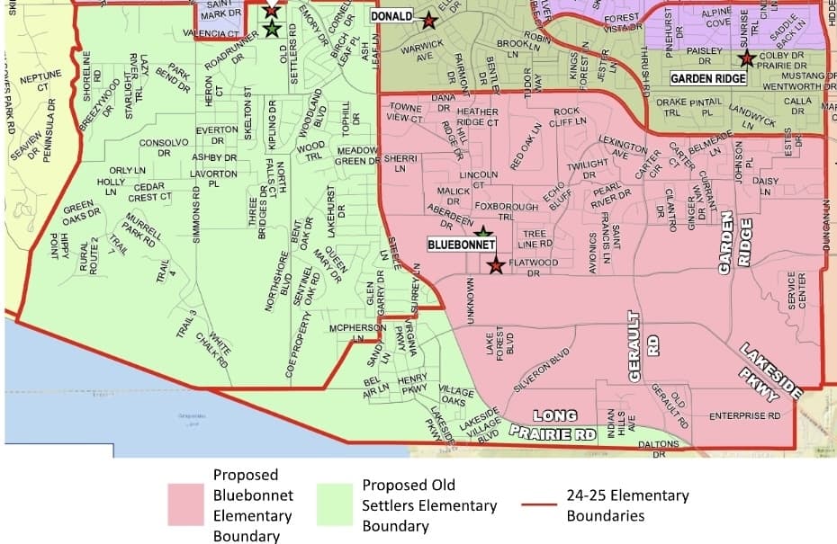 According to the plan, the DFW Lakeside neighborhood will be re-zoned from Bluebonnet to Old Settlers Elementary School. (Courtesy of LISD)