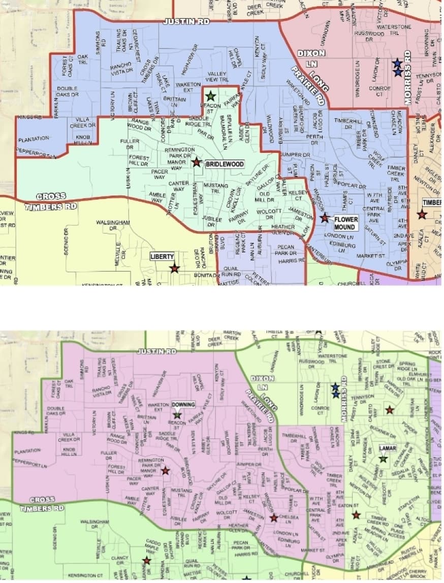 The blue zone in the top map shows the proposed Flower Mound Elementary School adjustment with the red lines representing the current boundaries. The pink zone in the bottom map shows the proposed changes to Downing Middle School STEM Academy zones and the green lines represent current boundaries. (courtesy/ LISD)