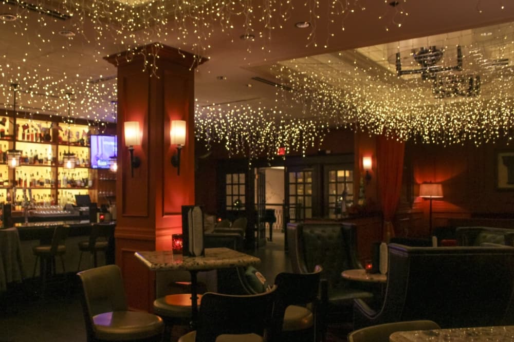 The inside of the bar with Christmas decorations. 