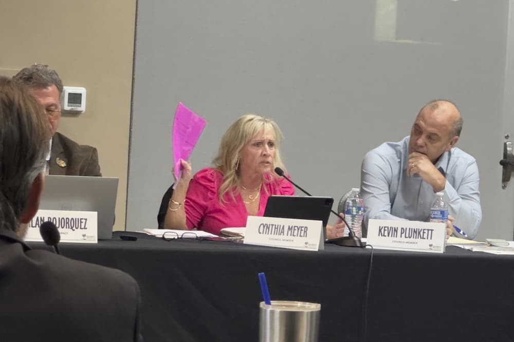 Meyer is shown holding up a pink paper with the memo during the meeting while talking.