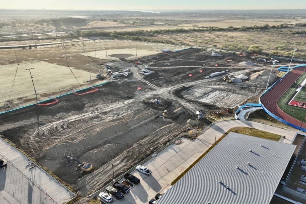 Pogue Construction crews have completed site grading at the stadium, activity center and new middle school.