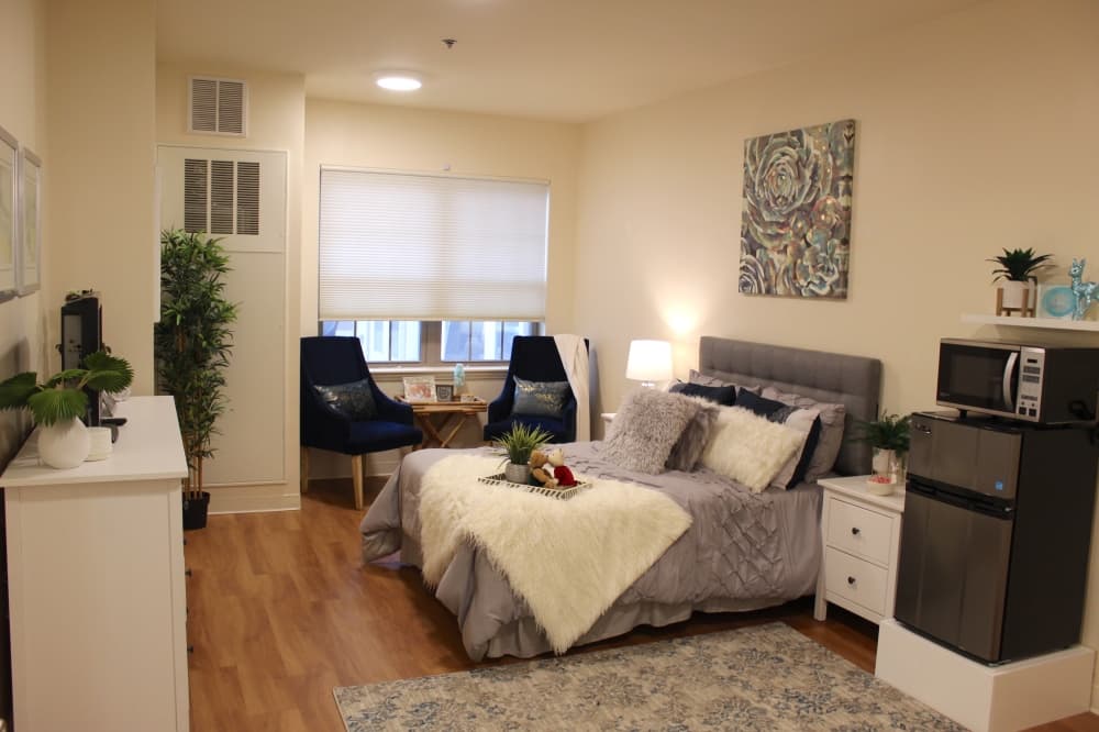 The interior of a bedroom at an assisted living facility