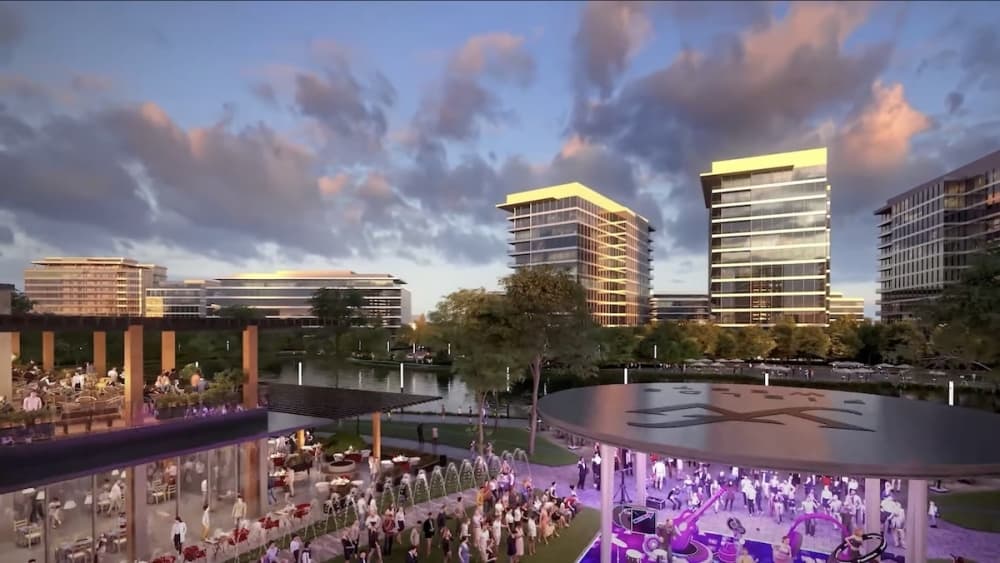 Fields West, once built, will be like a “city within a city,” officials said. It will include water features and an entertainment space. (Rendering courtesy The Karahan Companies)
