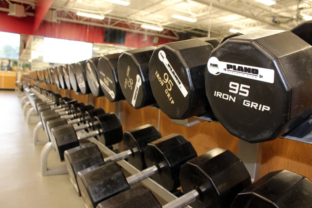 A wide variety of free weights are available at Plano Athletic Center. (Karen Chaney/Community Impact)
