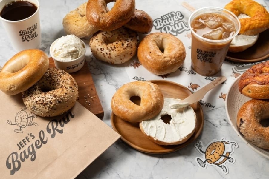 An image of different bagels and spreads from Florida-based Jeff's Bagel Run)