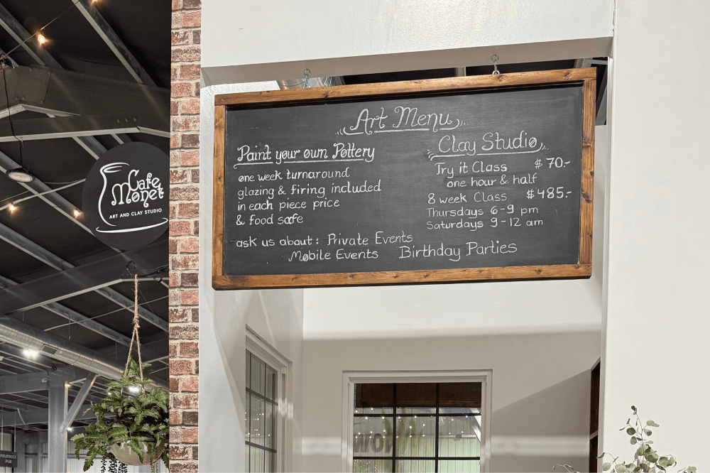 A list of what is offered is shown on a chalkboard.