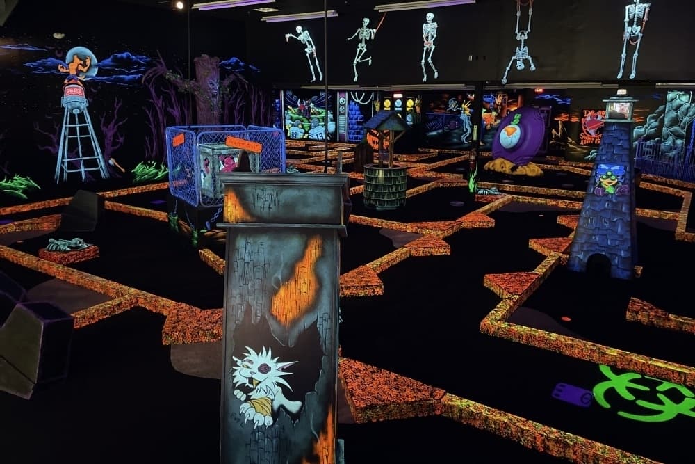 the inside of a mini golf business with different mini golf paths