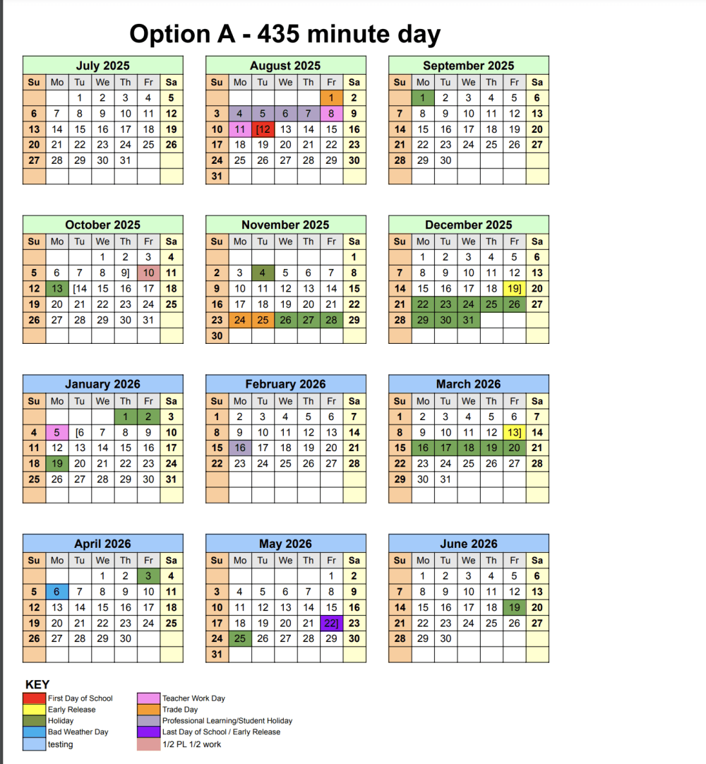 Option A includes 435 daily instructional minutes and 175 school days. (Courtesy of LISD)