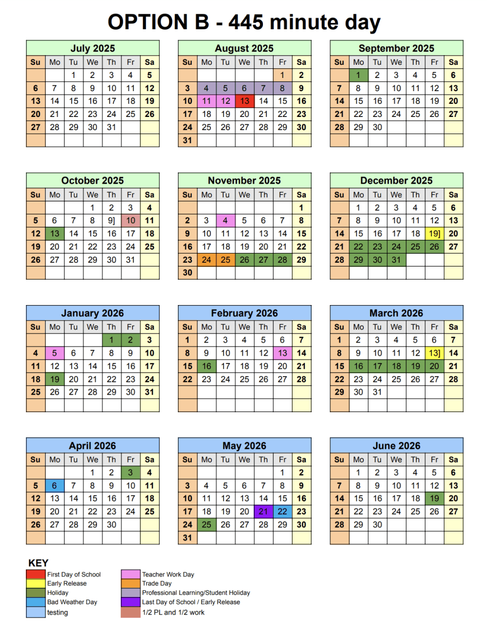 Option B includes 445 daily instructional minutes and 172 school days. (Courtesy of LISD)