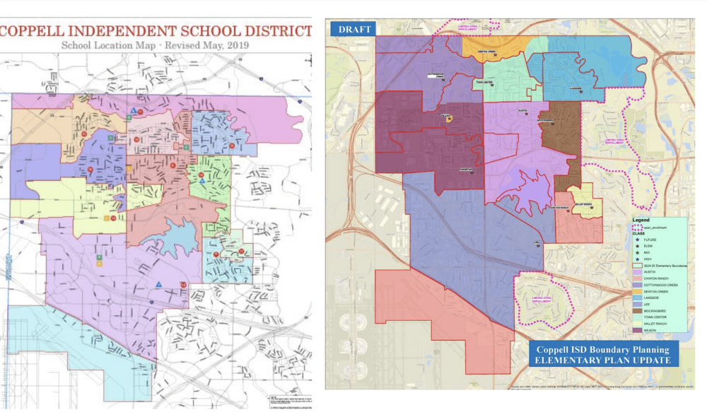 The map on the left was the districts previous elementary school zones and the one on the right is the proposed rezoning. The map on the left does not include the 120 students rezoned in March 2024. (Courtesy of Coppell ISD) 