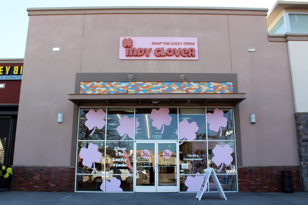 Exterior of business with Indy Clover signage. 
