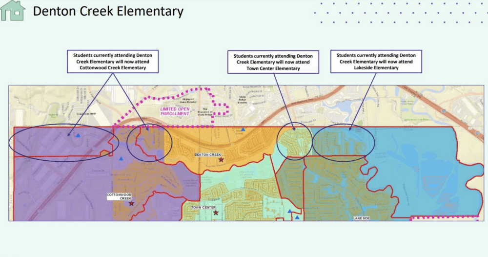 The map shows Denton Creek Elementary areas to be rezoned. (Courtesy CISD)