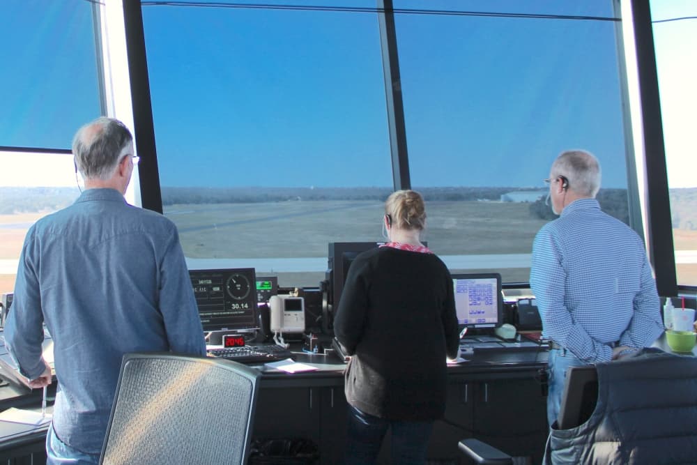 Inside an air traffic control tower. 