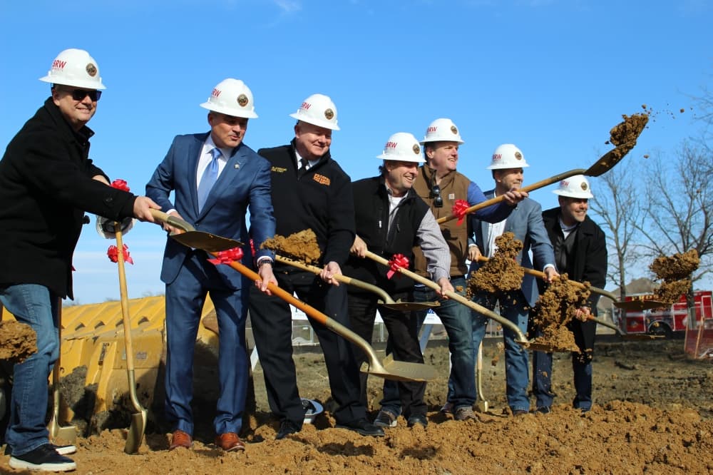 Prosper Mayor David Bristol, Prosper Fire Chief Stuart Blasingame, groundbreaking attendees and town staff at the groundbreaking of Fire Station No. 4. (Alex Reece/Community Impact) 