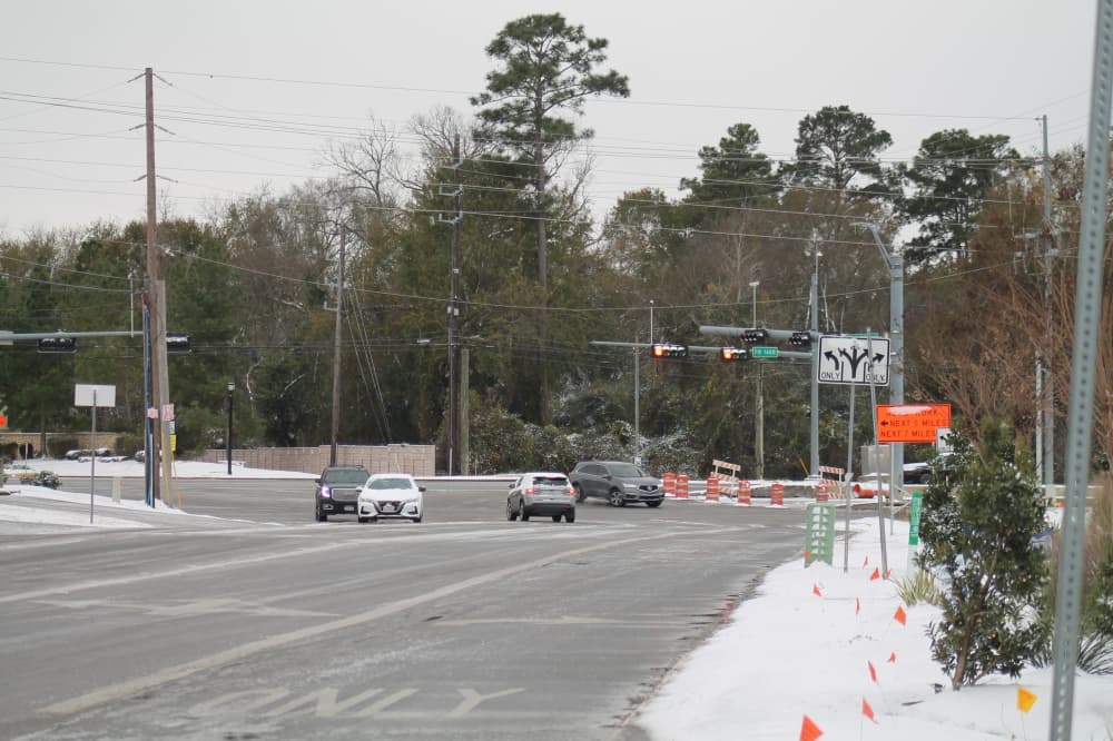Snow on the streets in Conroe
