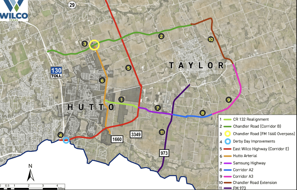 A roadway map showing future road alignments in Hutto and Taylor. 
