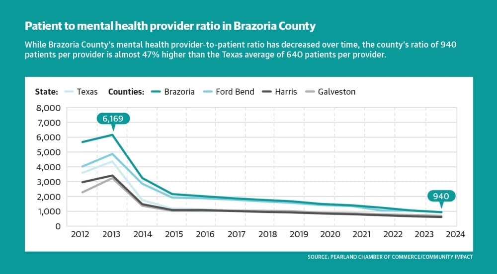 Patient to provider ratio of mental health professionals in Brazoria County