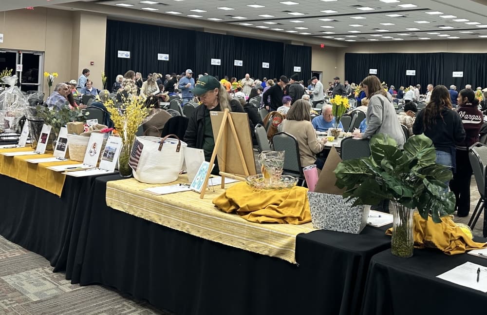 Tables are filled with auction items and people get their soups in the background at the 2024 event.