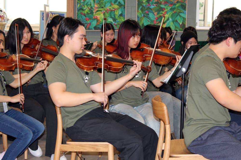 Teens playing stringed instruments. 