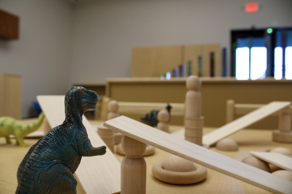 A close up image of a dinosaur on a desk in the classroom. 