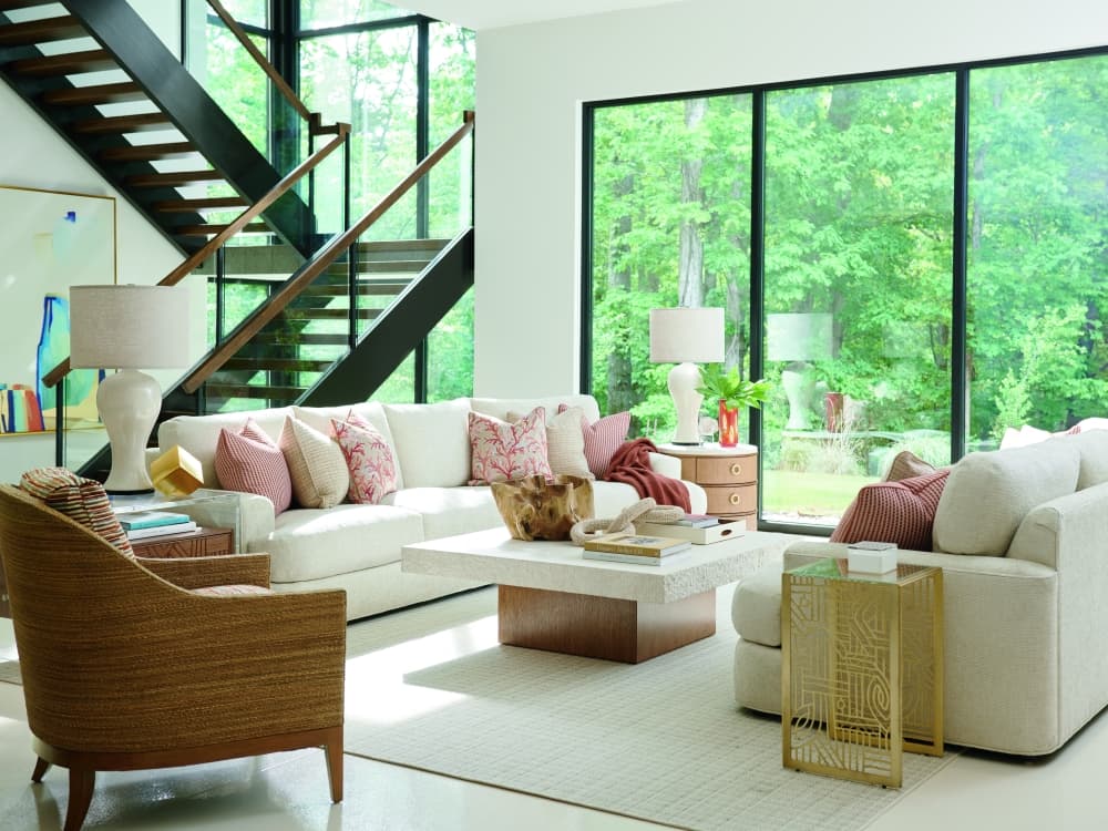Resort-inspired living room furniture collection from Tommy Bahama Home in The Woodlands, combining luxury, comfort, and timeless coastal-inspired design.