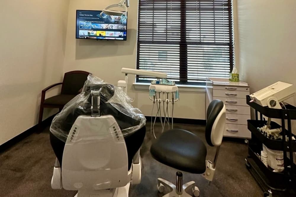 The interior of a dentist office. 