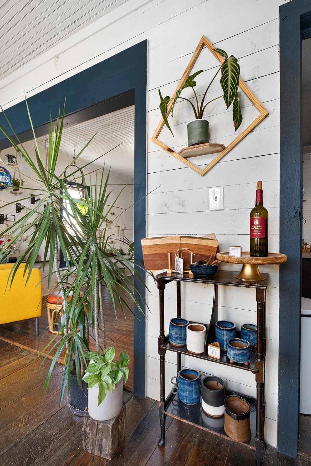 The inside of the shop is shown with plants, ceramics, bent-wood plant hangers and more.