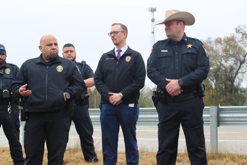 Patton Village Police Chief Chris Hernandez spoke regarding the loss of Sgt. Baumgartner following the highway dedication. (Jessica Shorten/Community Impact)