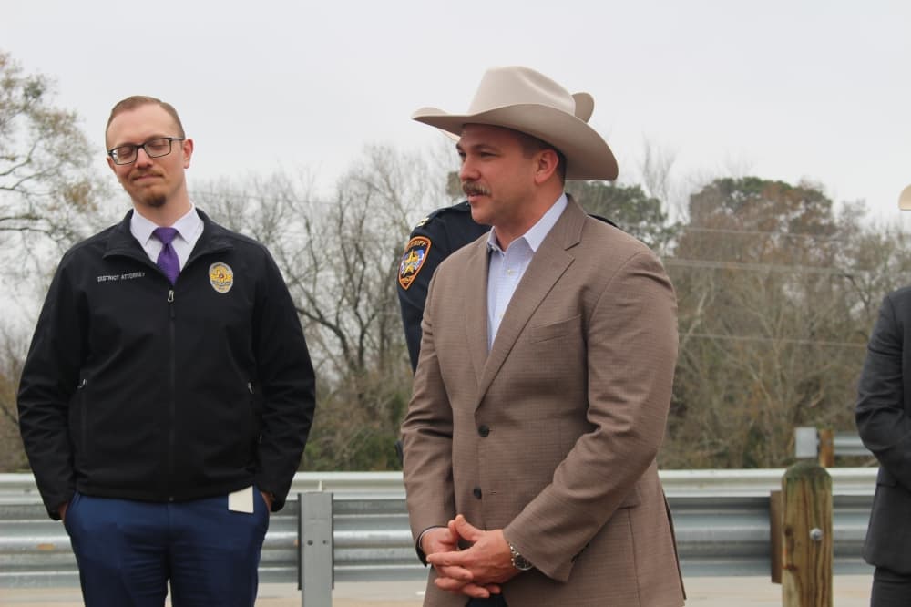 Precinct 4 Commissioner Matt Gray unveiled the sign near the intersection of FM 1485 and Hwy. 242. (Jessica Shorten/Community Impact)