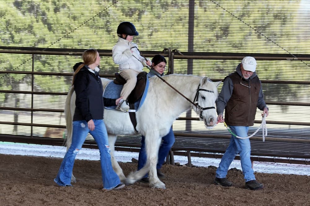 Female child riding a horse in an indoor arena with three adults walking next to them. 