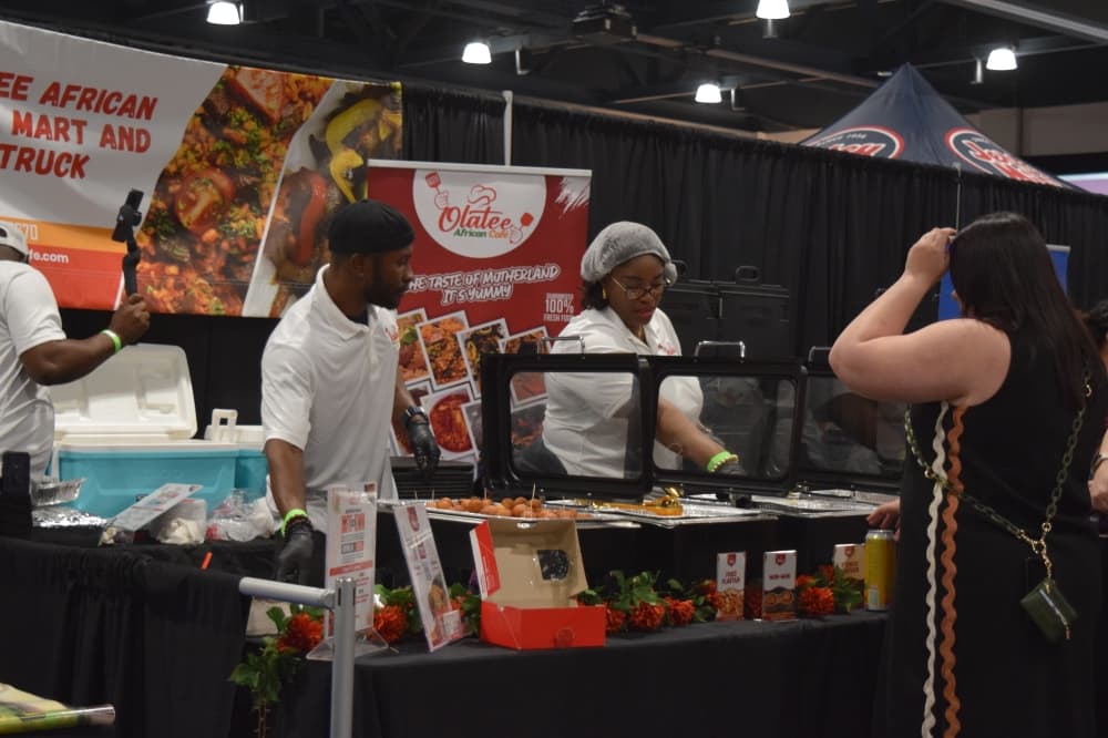 People serve food items