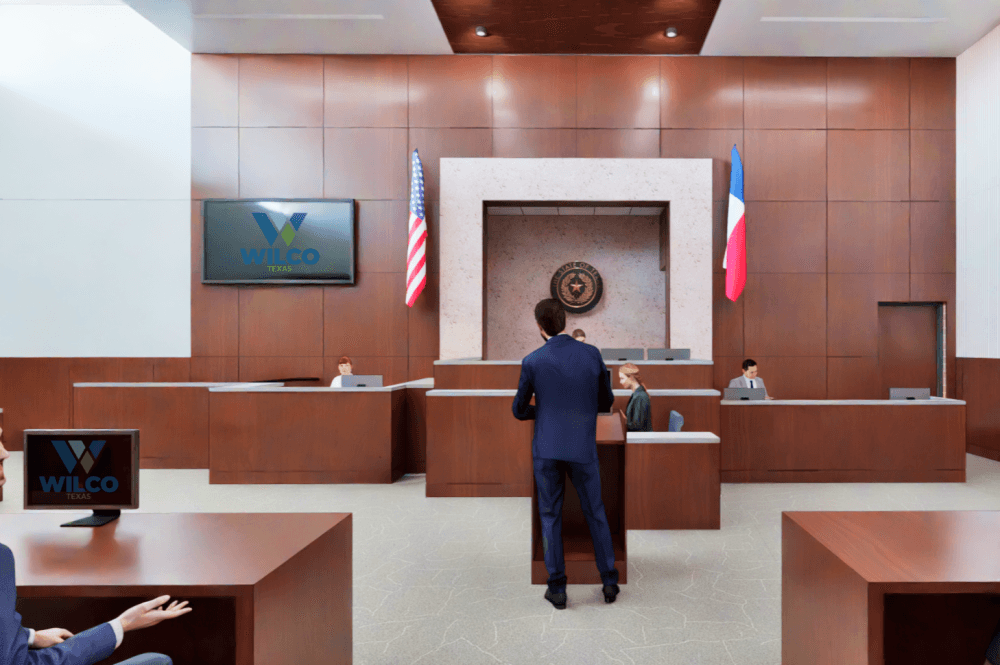 A rendering of a courtroom. 