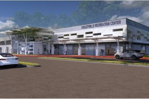 A rendering of the proposed exterior of the expanded rec center