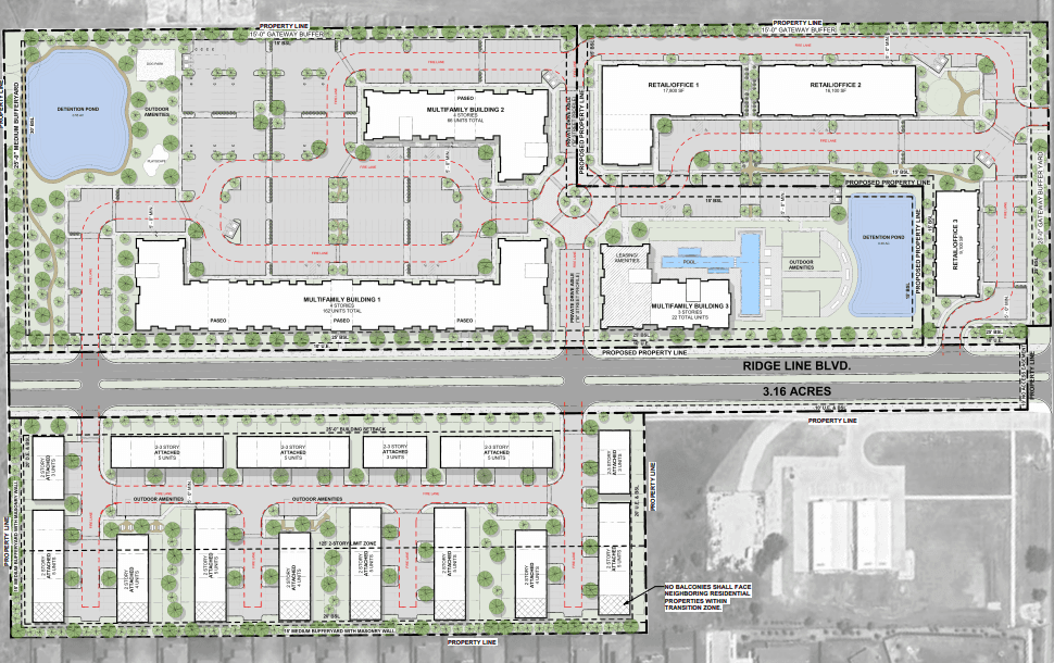A conceptual land plan of a future mixed-use development. 