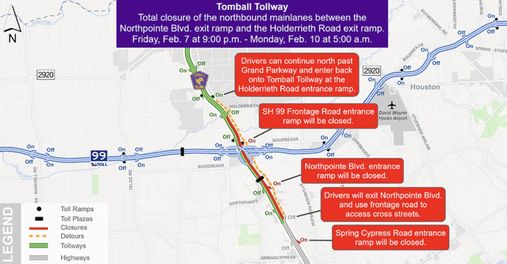 A Harris County Toll Road Authority map shows drivers what to expect during the weekend closure.