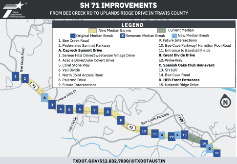 An updated map of planned median breaks. (Courtesy Texas Department of Transportation)