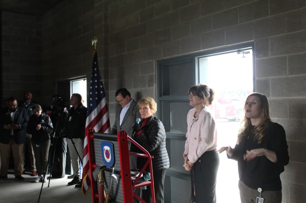Image of Highland Village Mayor Charlotte Wilcox speaking during a grand opening event for the John Ashman Fire Training Complex held Feb. 10. 