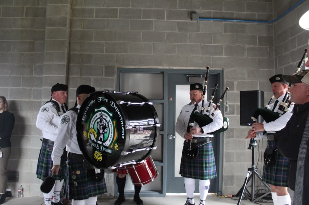 Members of the Lewisville Pipes and Drums group perform during the John Ashman Fire Training Complex grand opening event