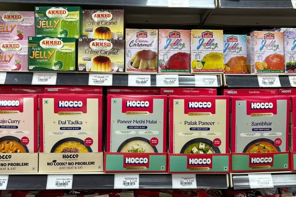 Dry goods on shelves in a grocery store. 