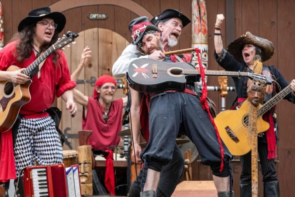 A group of comedic musicians perform.