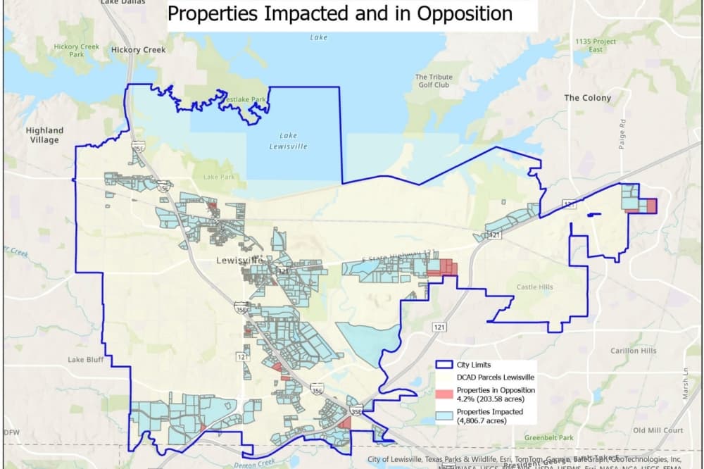 A map of Lewisville with light industrial zoned properties highlighted. 