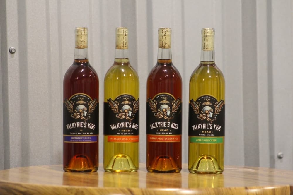 Valkyrie’s offers various flavors of mead, such as apple, strawberry, blueberry and blackberry. Flavors like “Cherry Nice To Mead You” can be paired with brie cheese, while the blueberry mead pairs well with steak, according to owner Isaac Pruna. (Thalia Guzman/Community Impact)