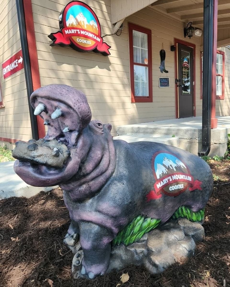 An image of a hippo statue outside of a business. 