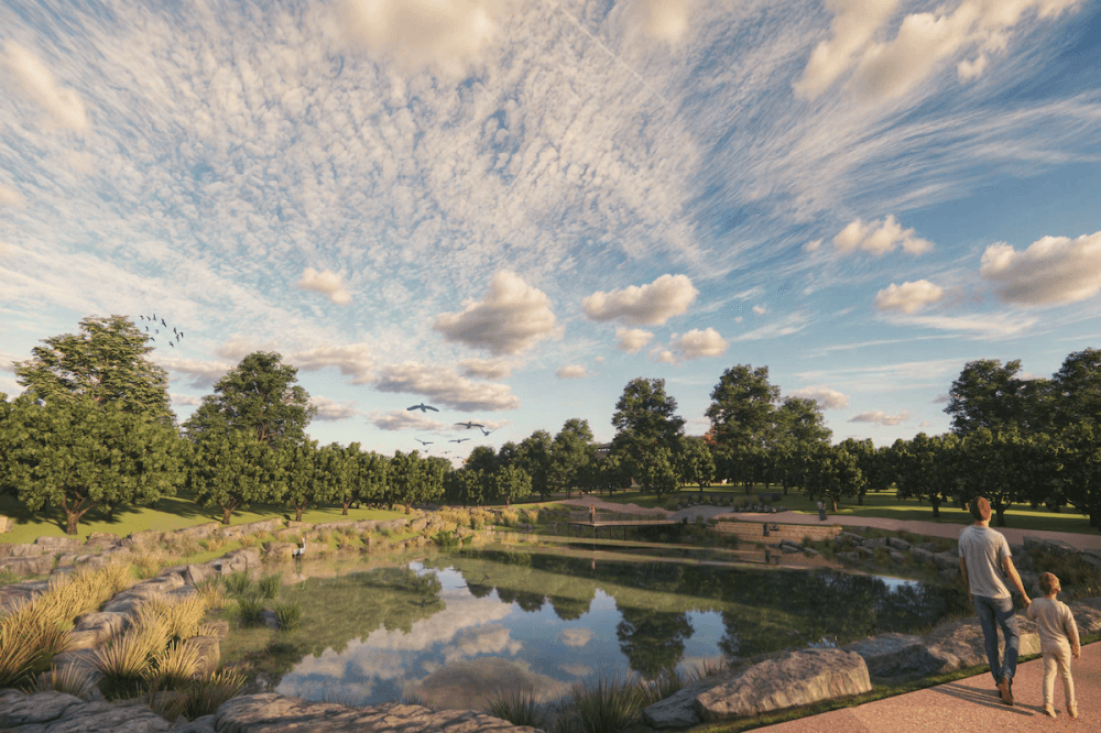 Phase 1 plans also include a recirculating creek and pond. (Rendering courtesy T Bar M Camps & Retreats)