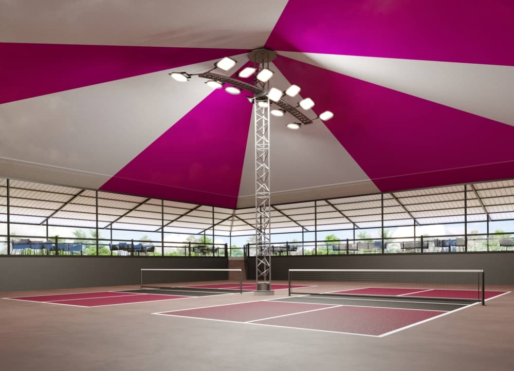 rendering of 2 pickleball courts with tent overhead 