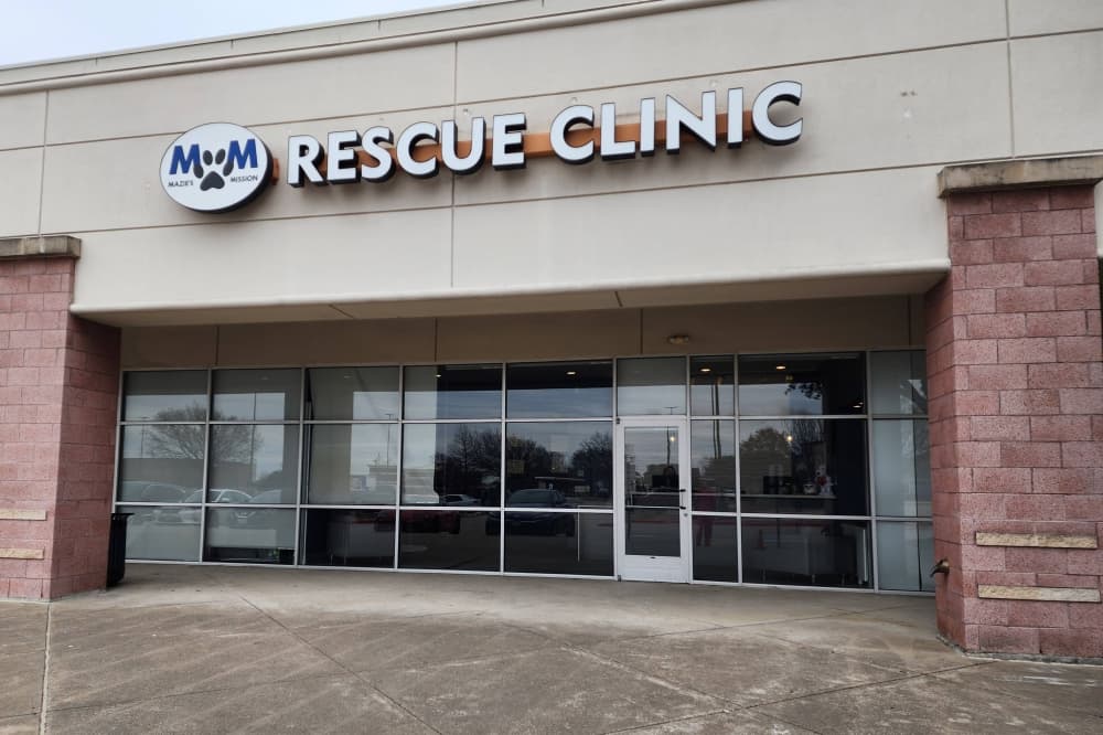 Exterior of building with Maizie's Mission Rescue Clinic signage. 
