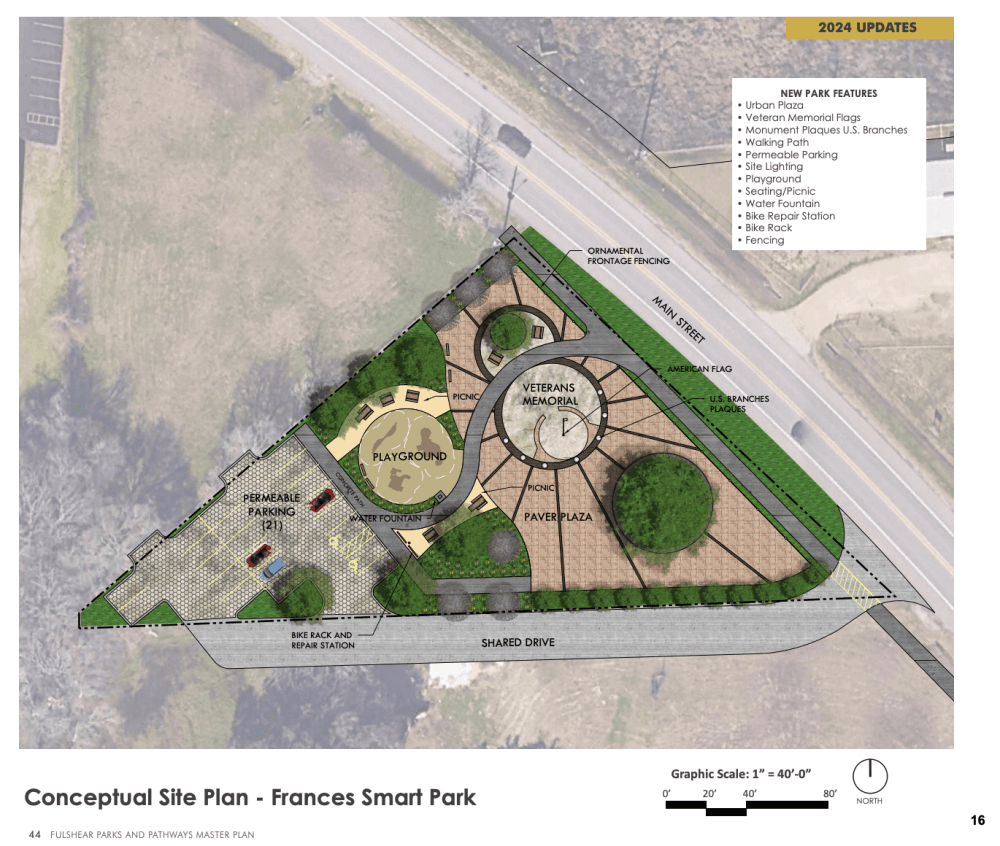 Proposed changes for Frances Smart Park include a veterans memorial, playground, plaza space and parking. (Courtesy city of Fulshear)