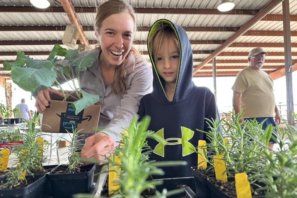 A child and adult pick plants at the fall sale.