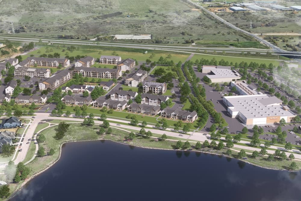 An aerial rendering of the planned Harvest House community in Argyle, which will include townhomes and luxury apartments.