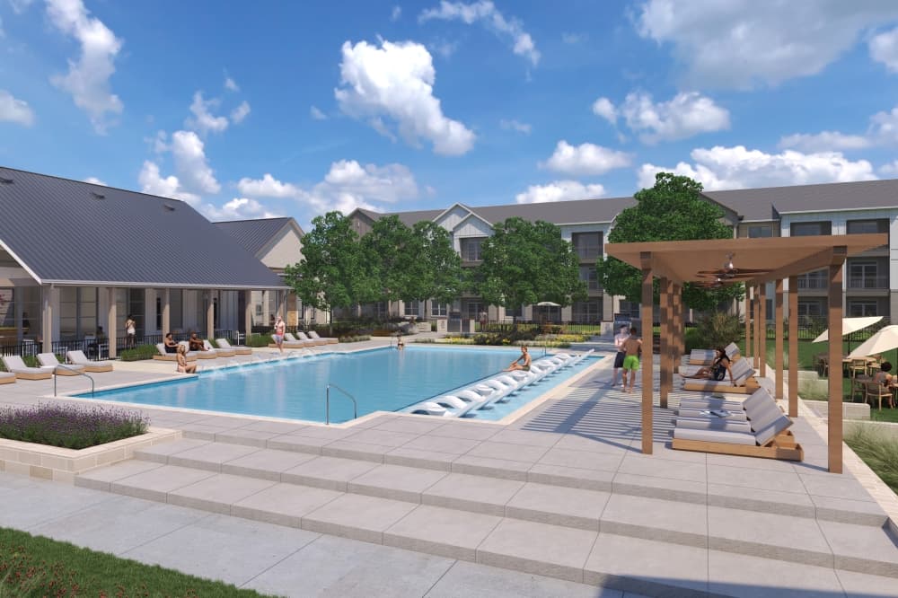 A rendering of the Harvest House community showing a clubhouse and pool area.